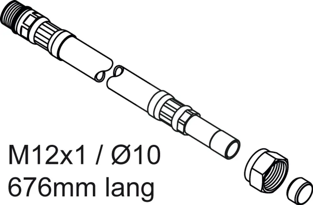 Produktansicht eines flexiblen Schlauchs von Ideal Standard. Darstellung in technischer Zeichnung mit Maßstab und Anschlussdetails.